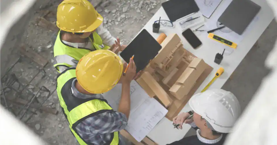 Construction workers review plans and a model building at a table covered with blueprints, tools, and electronic devices on a construction site