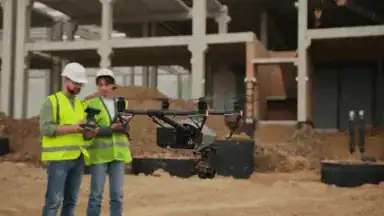 Ensuring Project Success: Proactive Communication in Secure Commercial Construction 2 Two workers in safety vests and helmets operate a drone at a construction site